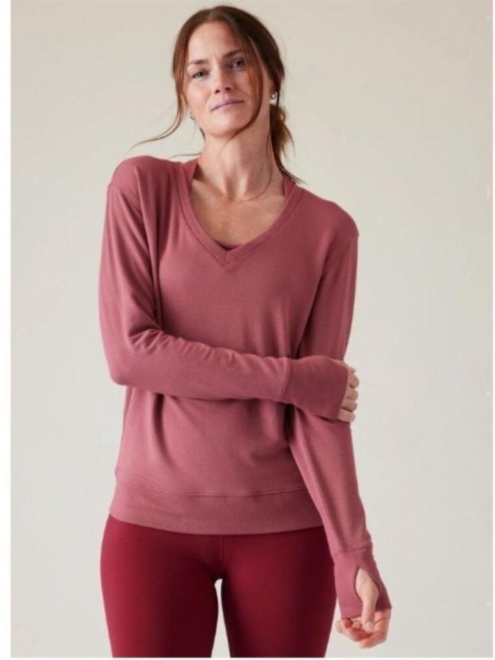 Athleta TENCEL Modal V Neck Sweatshirt Berry Rose Pullover Top Small
